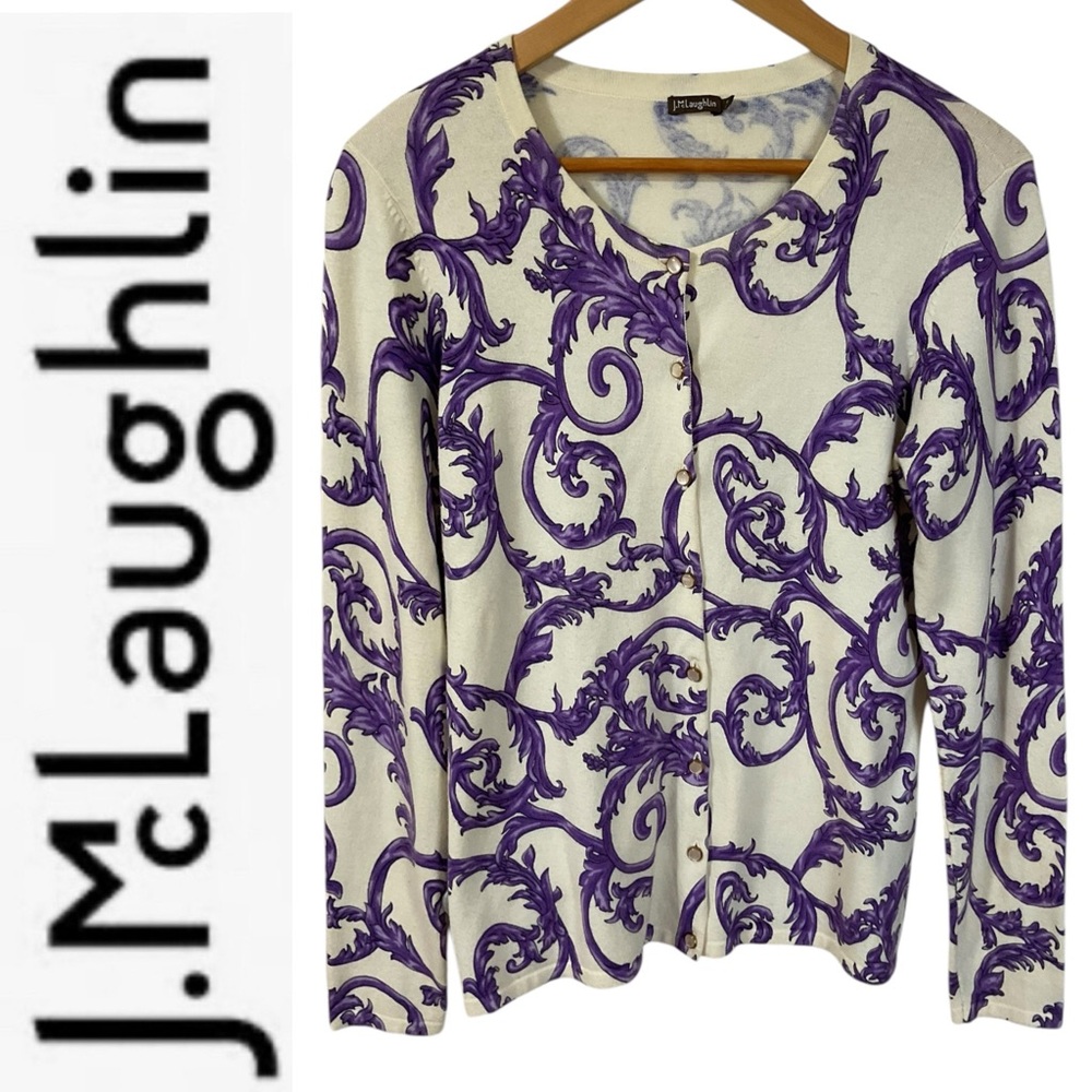 J. McLaughlin Cream Cardigan with Purple Scroll Print